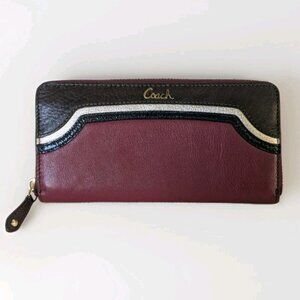 Coach Wallet-Woman's Burgundy Zip Wallet Gold-Tone Hardware Retro Color Block